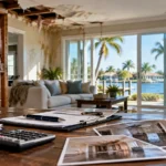 Water-damaged Florida home with exposed wall framing, mold, and ceiling damage, alongside insurance claim documents, damage photos, and a calculator.