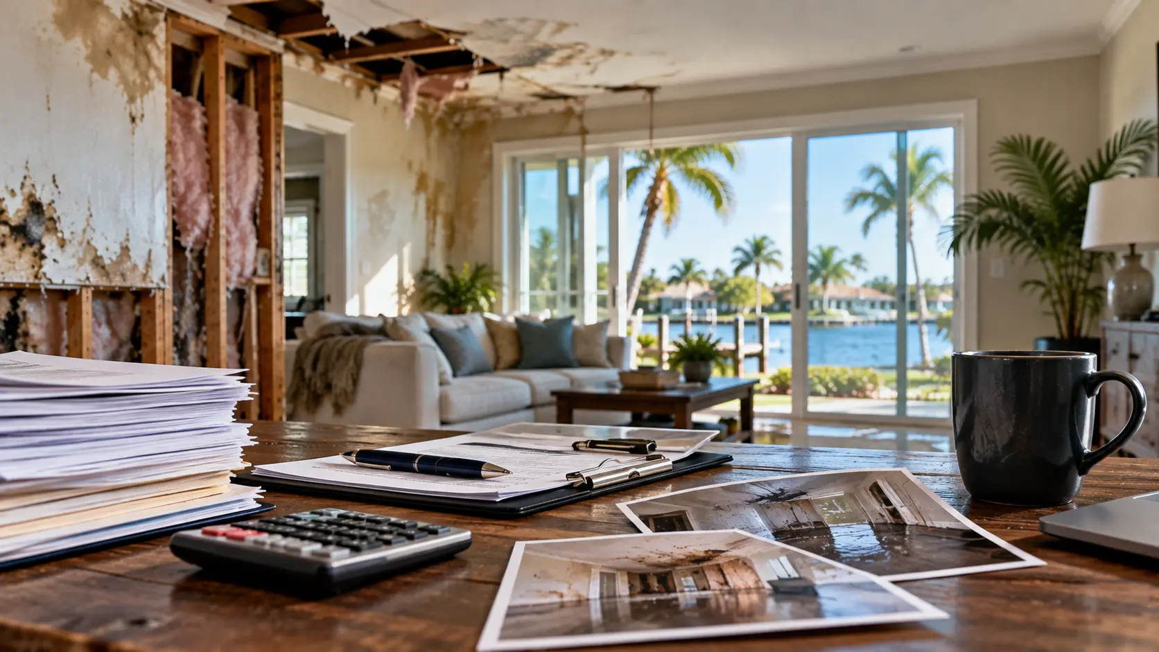 Water-damaged Florida home with exposed wall framing, mold, and ceiling damage, alongside insurance claim documents, damage photos, and a calculator.