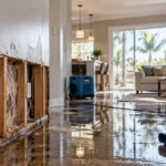 Water-damaged Florida home interior with exposed wall framing, mold growth, standing water, and commercial air movers used for drying.