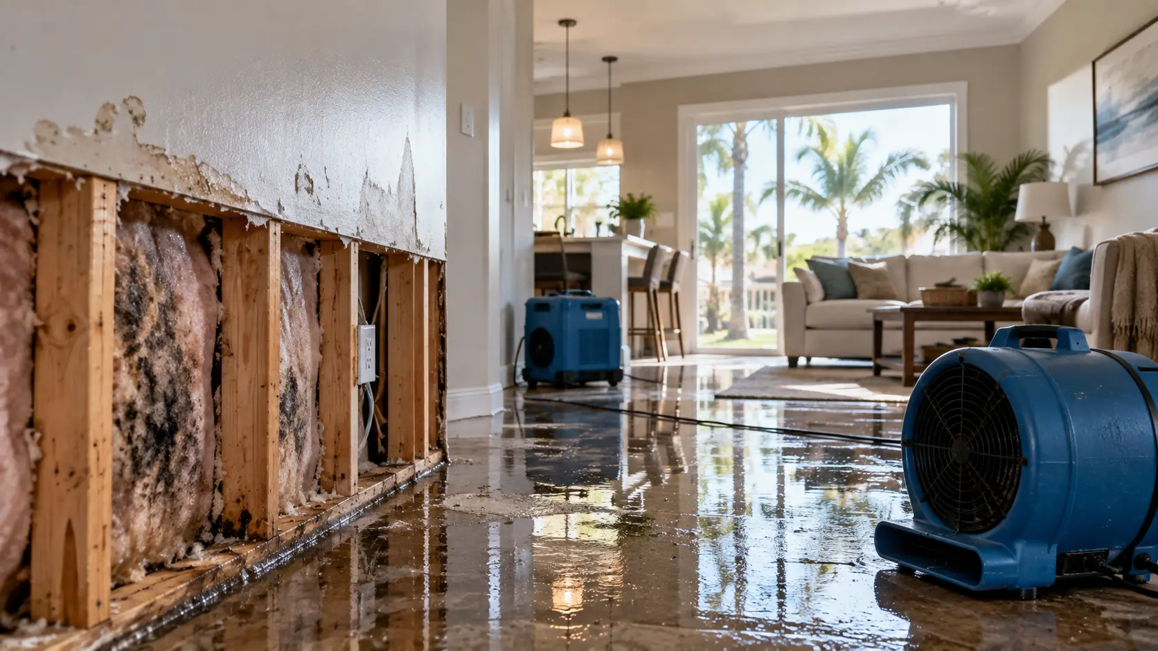 Water-damaged Florida home interior with exposed wall framing, mold growth, standing water, and commercial air movers used for drying.