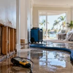 Water-damaged home interior with exposed wall framing, standing water, drying equipment, protective coverings, and a moisture meter.