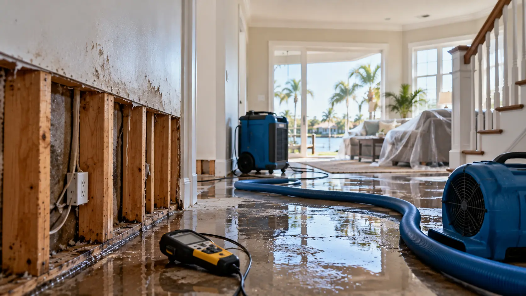 Water-damaged home interior with exposed wall framing, standing water, drying equipment, protective coverings, and a moisture meter.