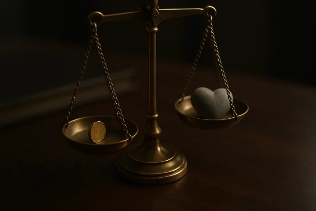 How Do Fiduciaries Get Paid? 3 Close-up of a single polished brass balance scale on a dark wooden desk, one pan holding a small gold coin, the other a heart-shaped stone, soft direc...