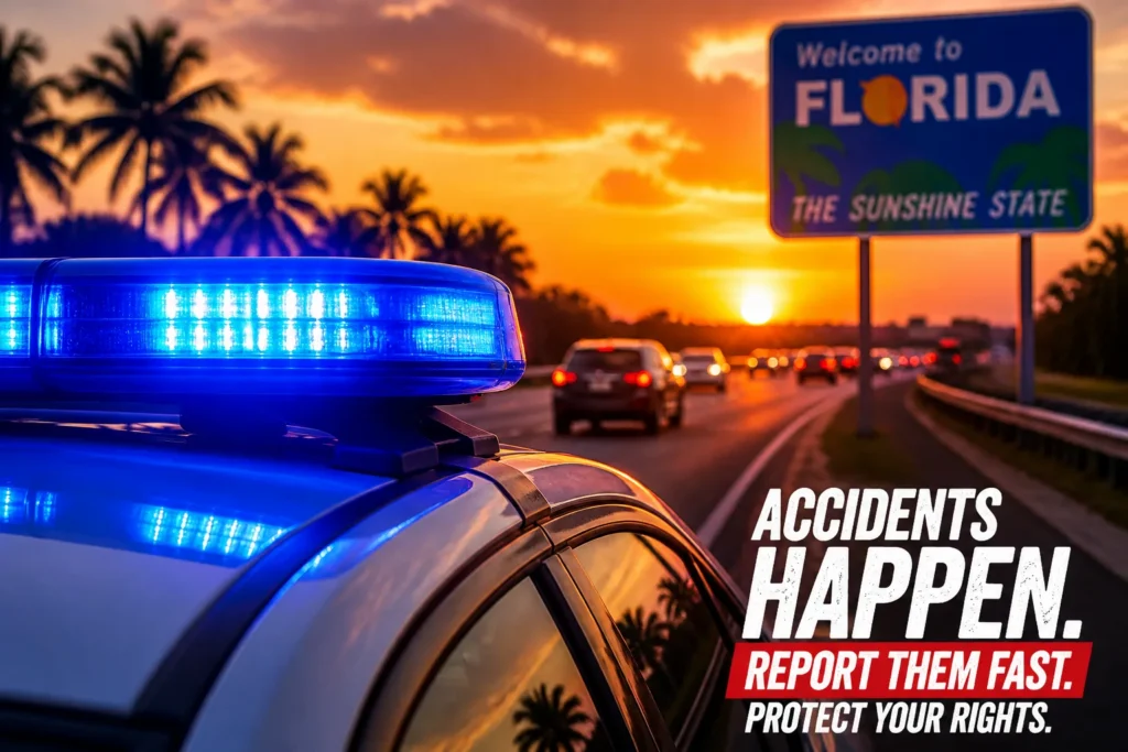 Create a featured image focused on a blue police siren atop a squad car, set against a blurred background of a Florida highway. The siren should be il...