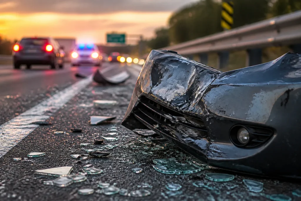 Create a featured image that focuses on a crumpled car bumper lying on the roadside, with scattered glass shards around it. The background should depi...
