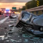 Create a featured image that focuses on a crumpled car bumper lying on the roadside, with scattered glass shards around it. The background should depi...