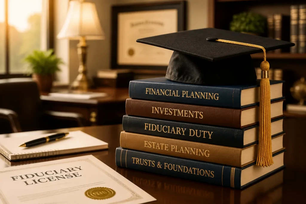 Create a visually striking image of a graduation cap resting atop a stack of books, symbolizing the journey of formal education required for fiduciary...