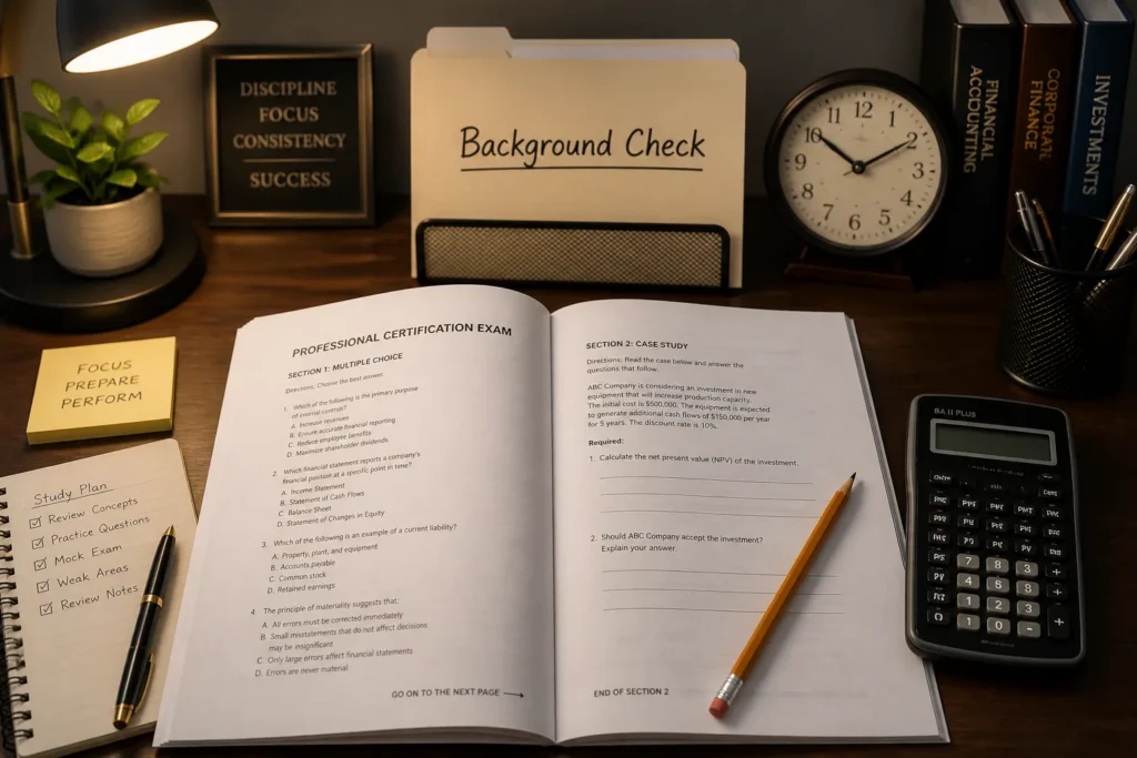 Create an image featuring a polished wooden desk with a prominent, open exam booklet displaying a pencil and a calculator beside it. In the background...