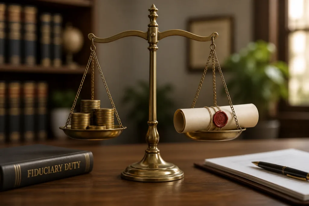 Create an image of a balanced scale resting on a wooden desk, symbolizing justice and fiduciary duty. The scale should have one side holding a stack o...