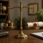 Create an image of a balanced scale resting on a wooden desk, symbolizing justice and fiduciary duty. The scale should have one side holding a stack o...