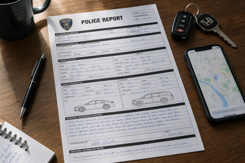 Create an image of a detailed police report lying on a wooden table. The report should display sections with filled-in information like names, address...
