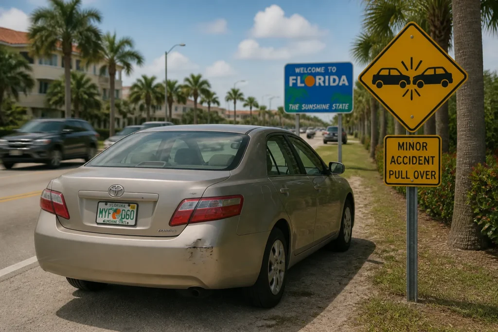 Create an image of a slightly scratched, parked car positioned next to a road sign indicating a minor accident or fender-bender scenario. The car shou...