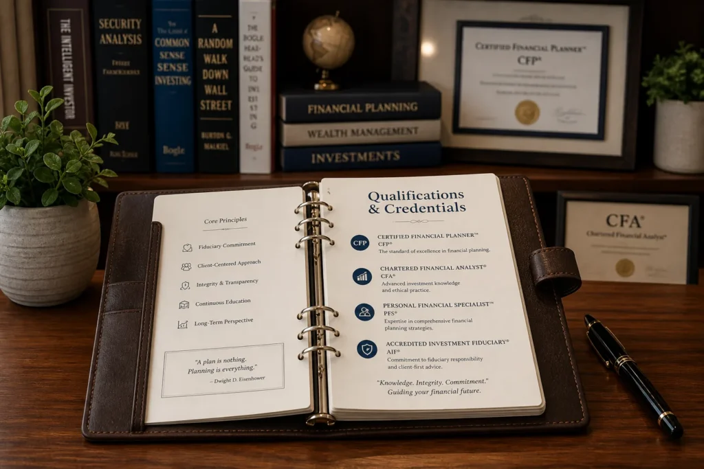 Create an image of a wooden desk displaying a high-quality leather-bound financial planner open to a page titled 'Qualifications & Credentials.' Inclu...