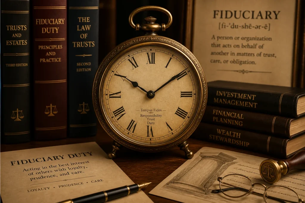 How long does it take to become a fiduciary? - Create a featured image that captures the essence of becoming a fiduciary. Focus on a well-crafted, vintage clock set against a backdrop of legal and...