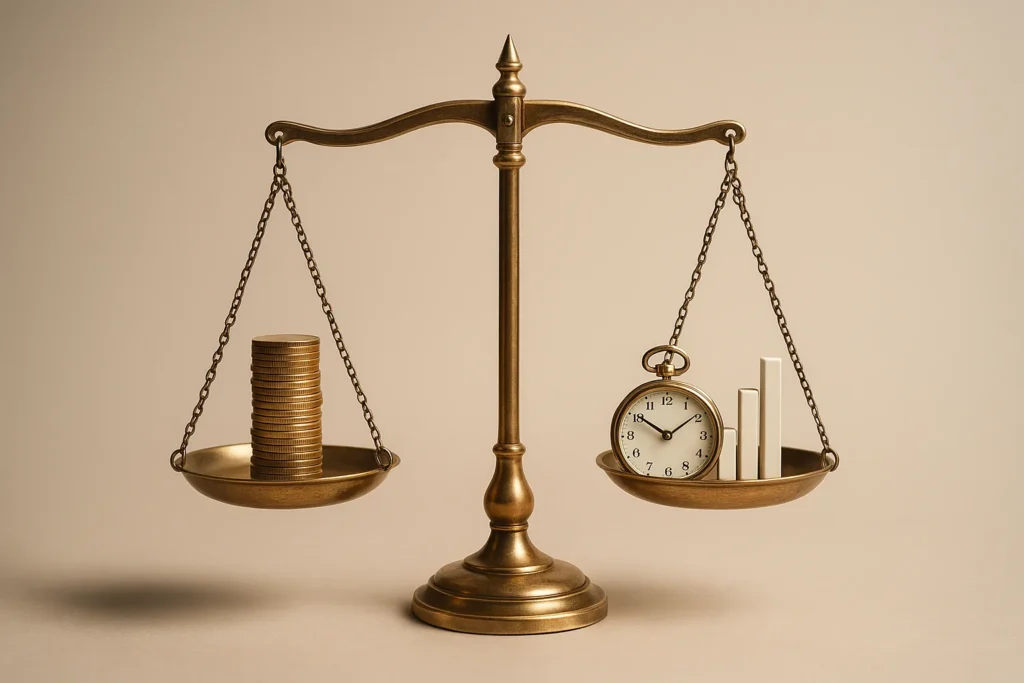 How Do Fiduciaries Get Paid? 4 Photorealistic brass balance scale centered on a neutral background, one pan holding stacked coins, the other pan holding a small clock and a rising c...