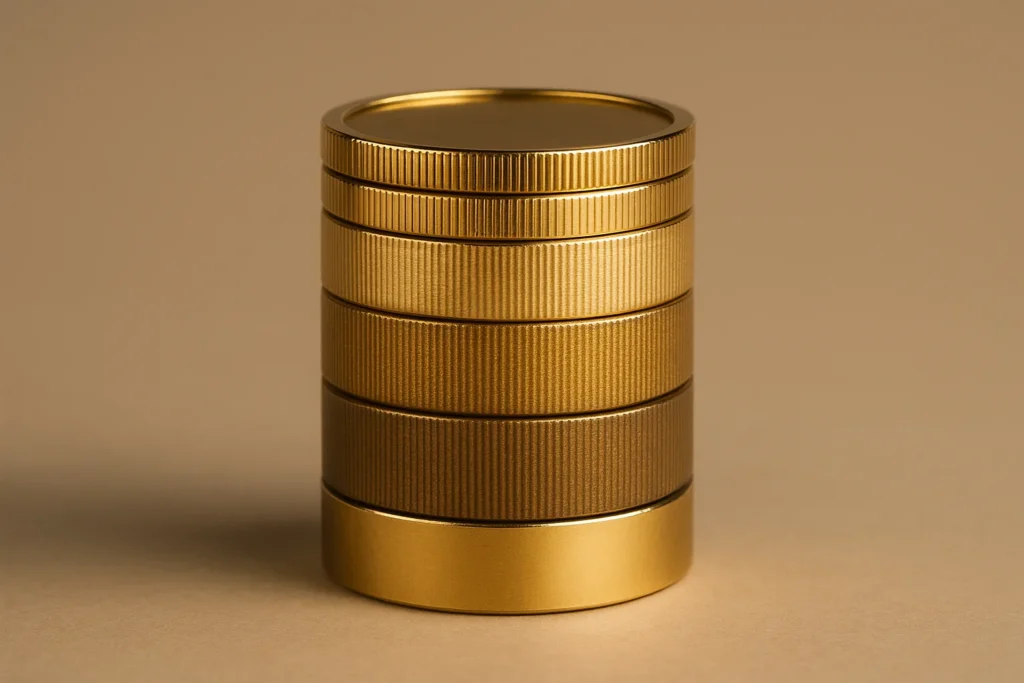 How Do Fiduciaries Get Paid? 5 Photorealistic single object: a tiered golden coin column with three distinct bands indicating fee tiers through texture and color gradation, polished...