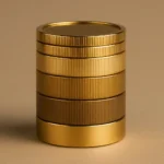 Photorealistic single object: a tiered golden coin column with three distinct bands indicating fee tiers through texture and color gradation, polished...
