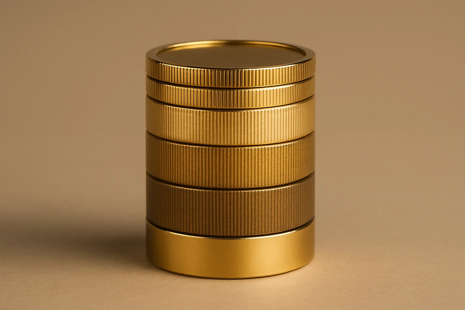 How Do Fiduciaries Get Paid? 1 Photorealistic single object: a tiered golden coin column with three distinct bands indicating fee tiers through texture and color gradation, polished...