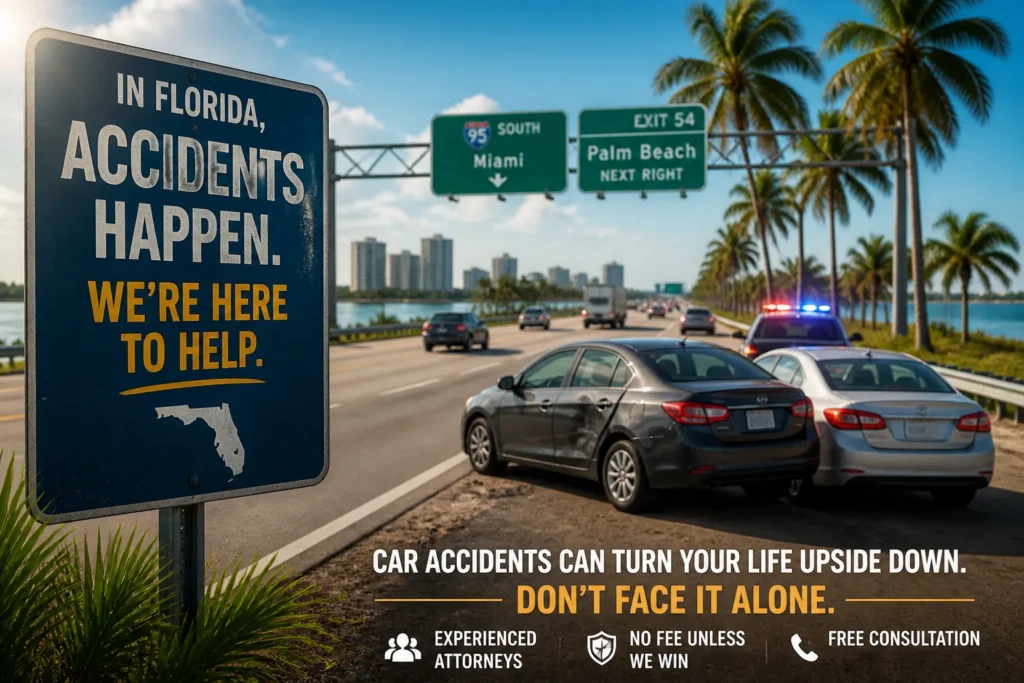 When should I call the police for a car accident in Florida? - Create a striking image featuring a Florida highway with a blurred view of two cars pulled over to the side, one of them with a visible dent to signif...